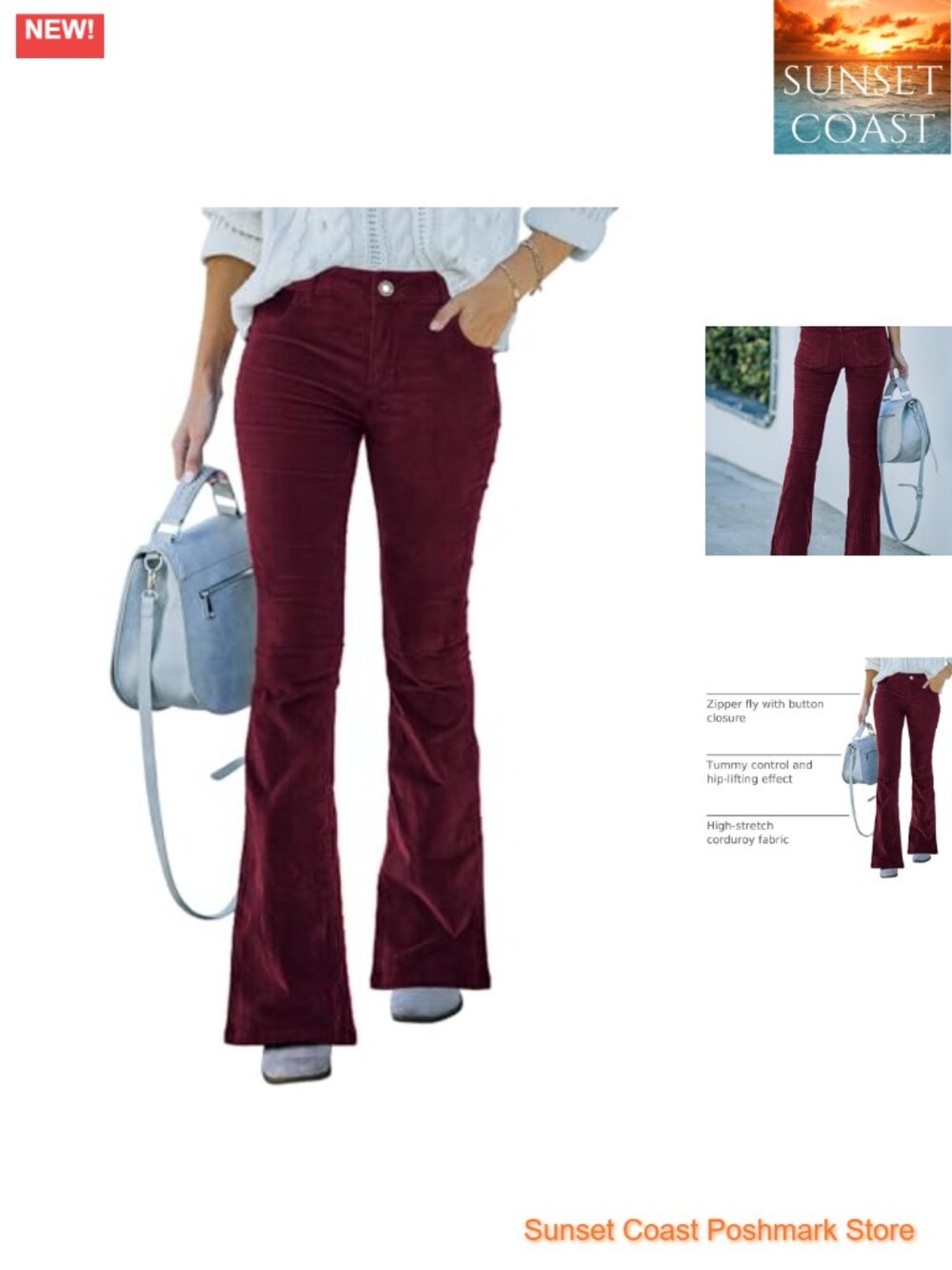 Women High Waist Stretch Flared Corduroy Pants Tummy Control Teacher Work